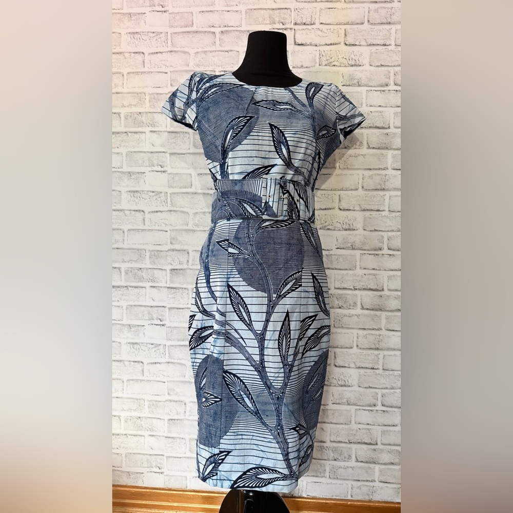 Vintage Indigo Blue Botanical Print Cap Sleeve Belted Pencil Dress